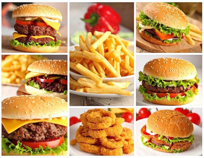 Collage of various fast food meals. beagles, hamburger, cheeseburger, french fries and a view green salad pieces, unhealthy lifestyle, symbol for bad nutrition, wallpaper illustration for banner or template background, AI generated