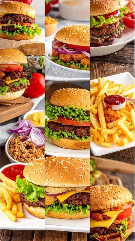 Collage of various fast food meals. beagles, hamburger, cheeseburger, french fries and a view green salad pieces, unhealthy lifestyle, symbol for bad nutrition, wallpaper illustration for banner or template background, AI generated