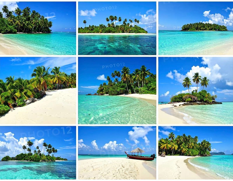 Collage of tropical islands with beach and palm trees, paradise with blue cloudy sky, turquoise water, green plant, sandy shore, wallpaper illustration, template or banner for ecology, sustainability, landscape and travel, AI generated