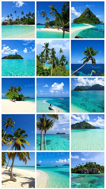 Collage of tropical islands with beach and palm trees, paradise with blue cloudy sky, turquoise water, green plant, sandy shore, wallpaper illustration, template or banner for ecology, sustainability, landscape and travel, AI generated