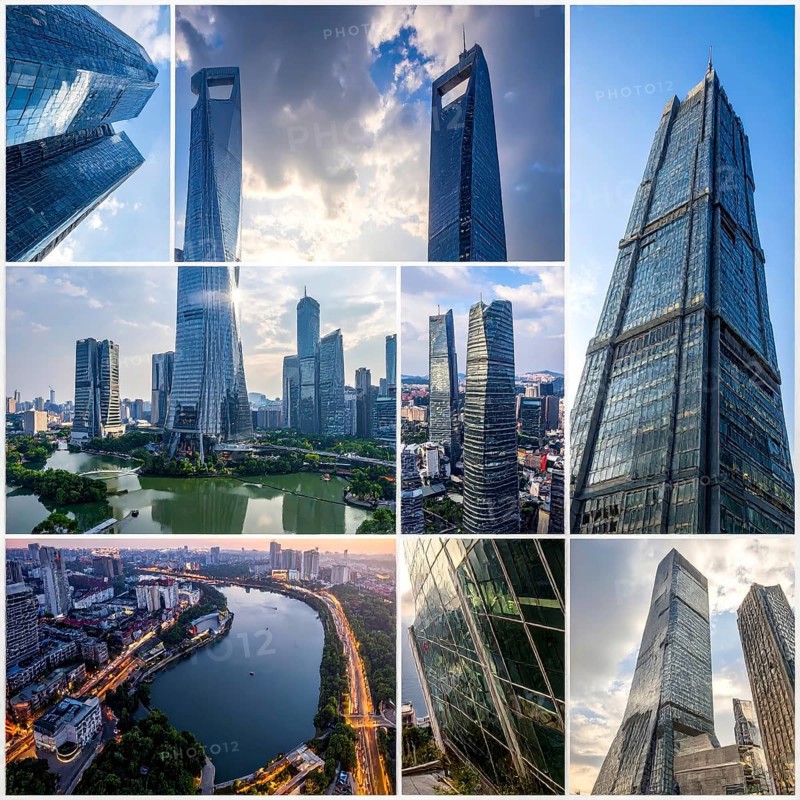 Collage of skyscrapers of a metropolitan city, various skylines with different blue sky in sunset, urban wallpaper illustration background, banner or template for real estate and travel themes, AI generated
