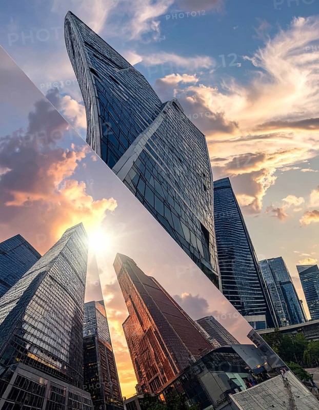Collage of skyscrapers of a metropolitan city, various skylines with different blue sky in sunset, urban wallpaper illustration background, banner or template for real estate and travel themes, AI generated