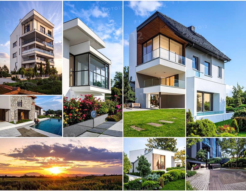 Collage of real estate residential building, modern architecture style, surrounded by green garden, variety of apartments, villas and luxurious homes. blue cloudy sky with sunset or sunrise, conceptual illustration, wallpaper for banner, poster or template, AI generated