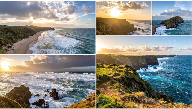 Collage of coastal landscapes with cliffs and shore break, spectacular nature, cloudy sky with beautiful sunset or sunrise, variety of travel destination for road trip or hiking, wallpaper illustration for banner, poster or template, AI generated