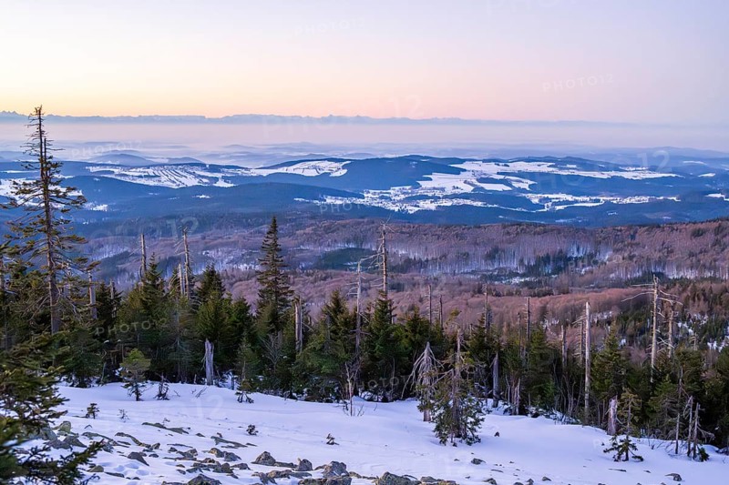 View from Mount Lusen over the hills of the bavarian forest at sunrise in winter, Bavaria, Germany