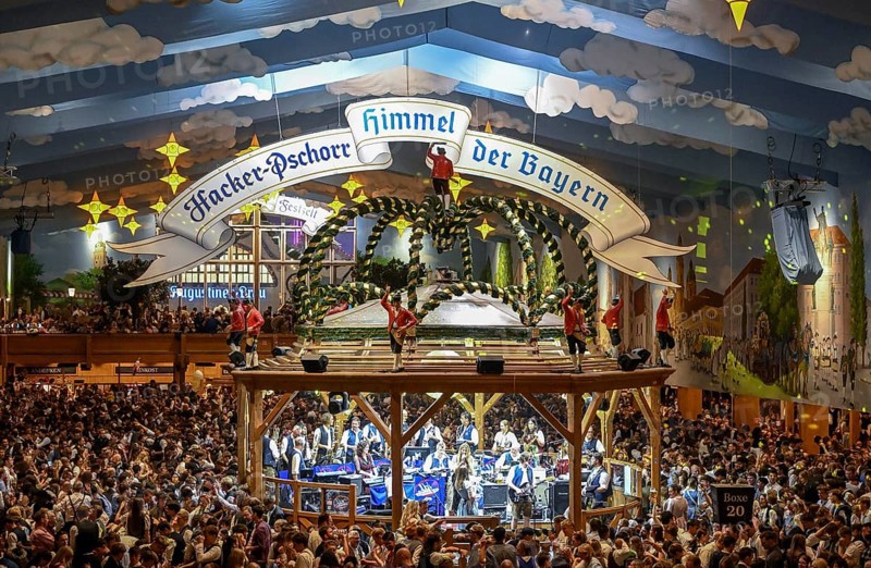 Hacker-Pschorr festival tent, Bavarian sky, interior view, Oktoberfest, Munich, Bavaria, Germany