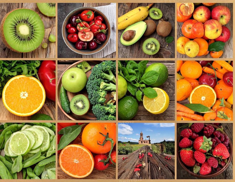 Food collage of various biological and organic fruits and vegetables, fresh healthy lifestyle, with a variety of vitamins, citrus fruits, green and red organic vegetables, kiwi, bananas, apple, avocados, tomatoes and green salad, symbolic background illustration for banner, template or wallpaper, AI generated