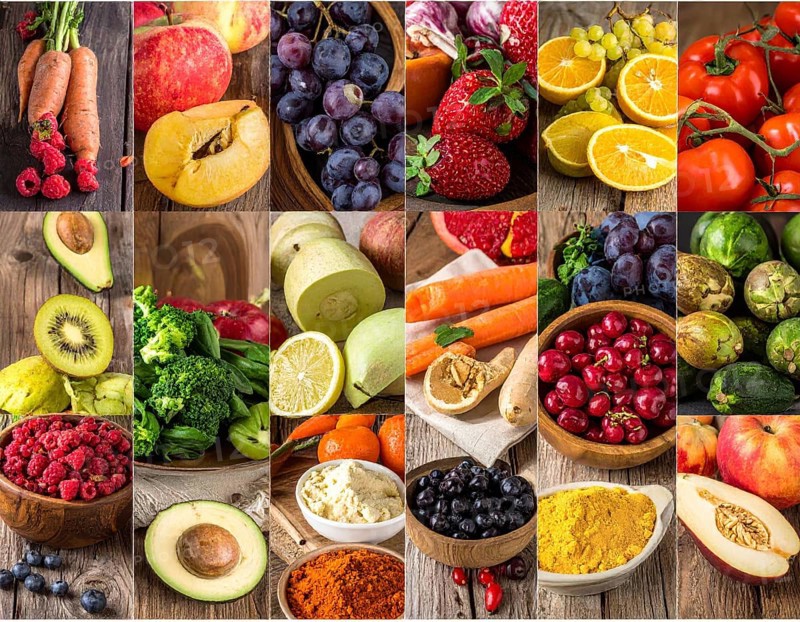 Food collage of various biological and organic fruits and vegetables, fresh healthy lifestyle, with a variety of vitamins, citrus fruits, green and red organic vegetables, kiwi, bananas, apple, avocados, tomatoes and green salad, symbolic background illustration for banner, template or wallpaper, AI generated