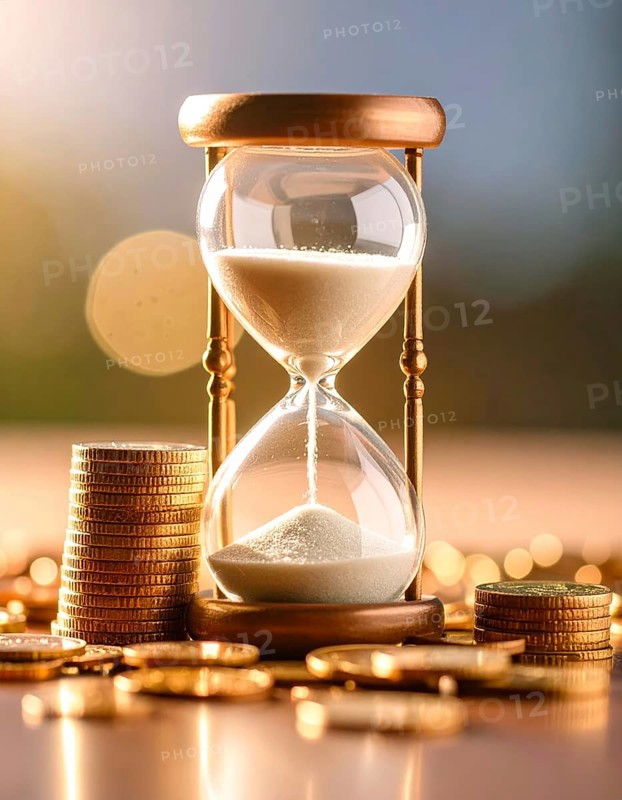 Hourglass and stacked golden coins, illustrating currency fluctuation and time impact commodities value, symbolizing fluctuating finance market changes, business setting, glass with sand on wooden table in the office, blurred background, wallpaper illustration, AI generated