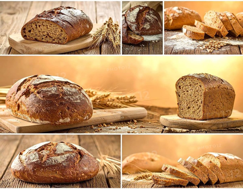 Collage of rustic loaf of whole grain bread, bread on dark rustic wooden table, great variety of grain and whole wheat bread, illustration wallpaper for bakery and healthy food lifestyle, AI generated