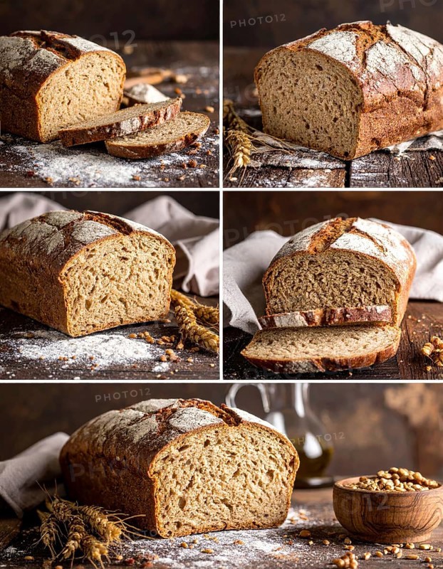 Collage of rustic loaf of whole grain bread, bread on dark rustic wooden table, great variety of grain and whole wheat bread, illustration wallpaper for bakery and healthy food lifestyle, AI generated