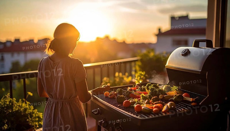 Cooking vegetables on grill on the balcony, healthy lifestyle, vegetarian barbeque, leisure time in summer, suburban setting with blurred background, soft golden light of evening, blue sky, AI generated