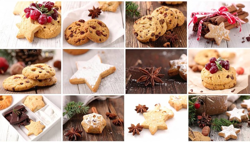Collage of Christmas cookies and sweets, variation of sweet desserts, lots of unhealthy calories, soft golden light, festive wallpaper background, AI generated