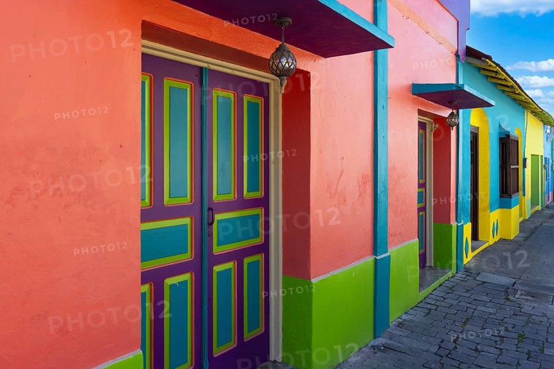 Colorful colonial architecture of historic center of Flores, Guatemala