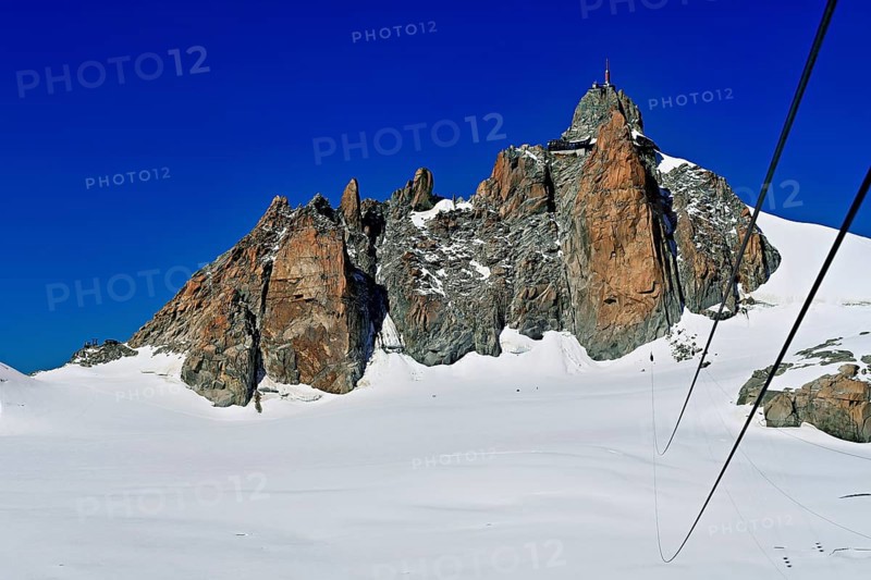View from the Télécabine Panorama Railway to the Aiguille du Midi mountain station, Chamonix-Mont-Blanc, Haute-Savoie, France