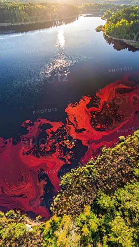 Red algae plant on the lake. abstract ecology nature concept, wild landscape with vibrant red colored water and green forest on a sunny day in summer, Aerial view, wilderness nature with no people around, AI generated