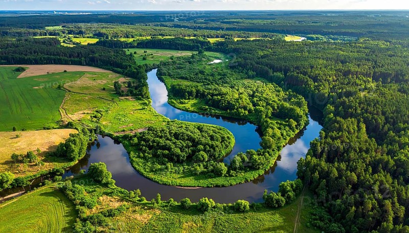 Ecology and environment concept. Green wilderness nature from above. Aerial view on meandering river landscape with trees and meadows. Healthy nature with tranquil atmosphere, AI generated