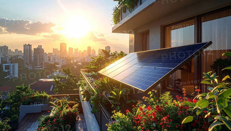 Sunlight Glinting Off Solar Panels on Contemporary Apartment Balcony, energy solution, concept of sustainable energy and environment protection, AI generated