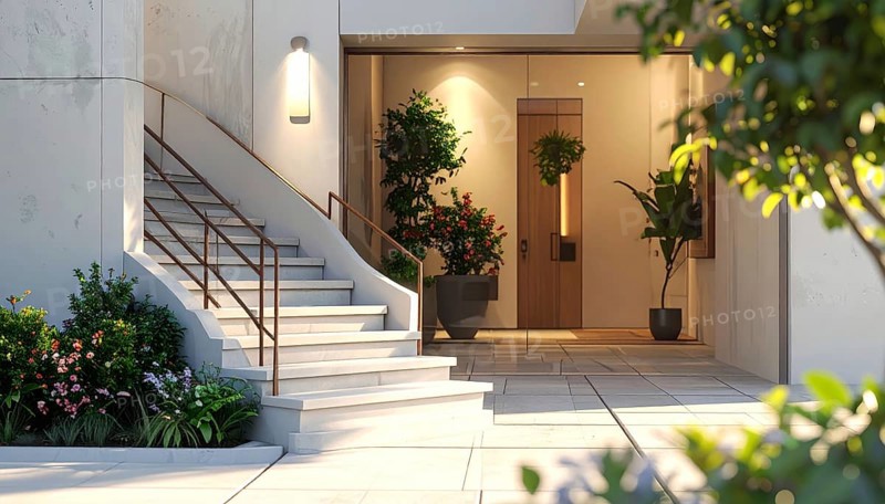Modern building entrance with stairs, glass facade, and plants in warm evening light, empty storefront entrance with a gently stairs access, modern building with glass facade, blurred background, soft sunlight at evening, no people, AI generated