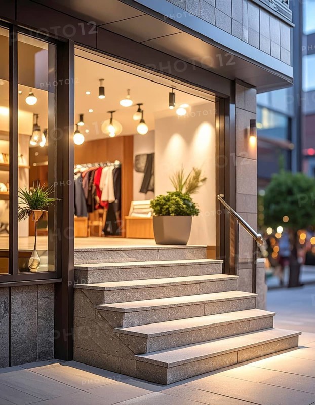 Modern building entrance with stairs, glass facade, and plants in warm evening light, empty storefront entrance with a gently stairs access, modern building with glass facade, blurred background, soft sunlight at evening, no people, AI generated