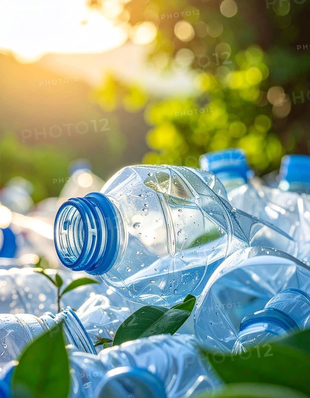 Crushed plastic water bottle waste in a wild landscape, symbol for nature protection, waste avoidance, recycling and ecology concepts on earth environment, AI generated