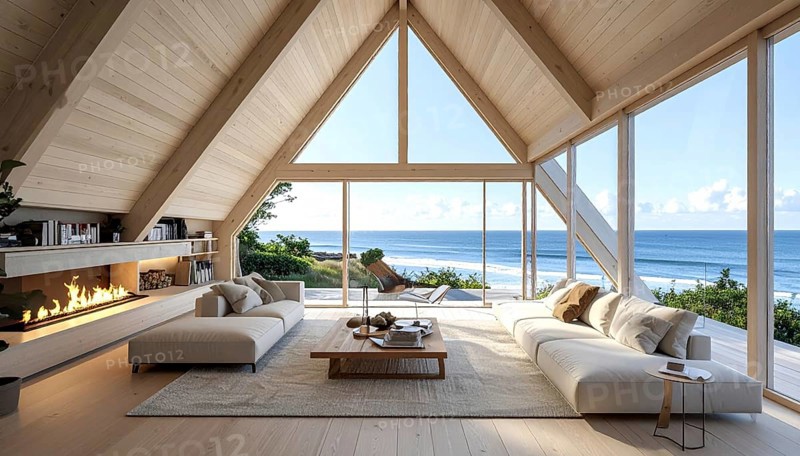 Peaceful A-frame cabin interior with ocean views, real estate lifestyle and travel destination, Comfortable minimalist sanctuary embraced by natural beauty and stunning coastal scenery, clear blue sky, AI generated