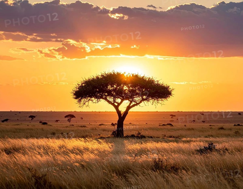 Single acacia tree in the savannah at sunset, solitude in the wild, dry grass in the foreground, yellow sky with colorful clouds, AI generated
