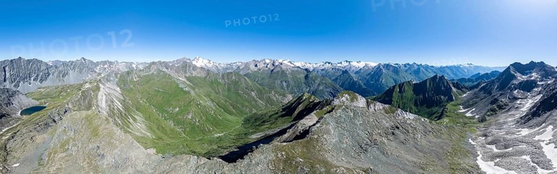 360° alpine panorama, aerial view with summit of Grossvenediger, Venediger Group and Lasörling Group, Hohe Tauern, Austria