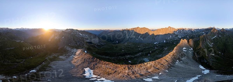 Sunrise 360° Alpine panorama, aerial view of Bachlenkenkopf, summit of the Großvenediger, Venediger Group and Lasörling Group, Hohe Tauern, Austria