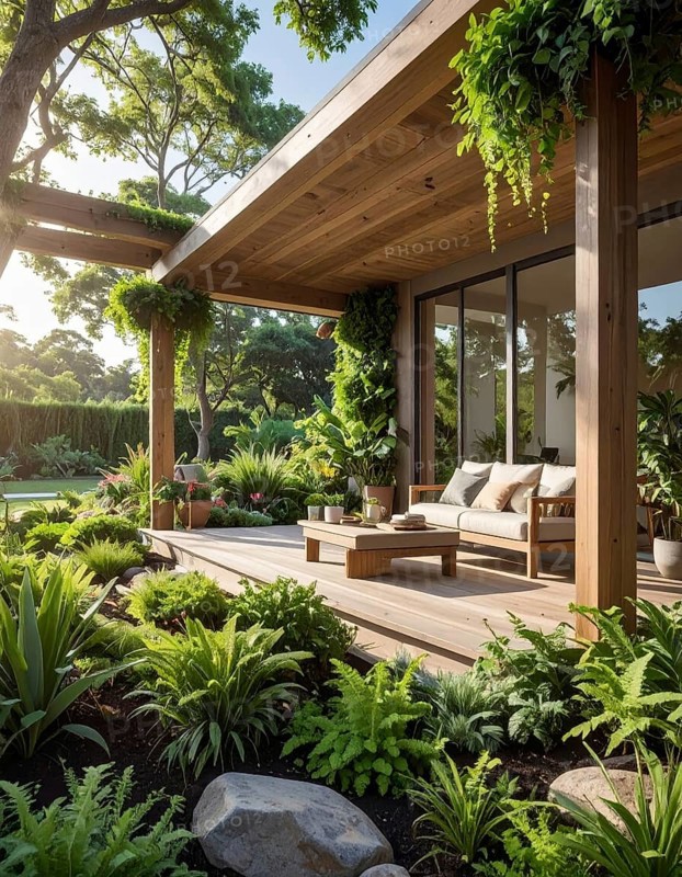An eco-friendly porch designed for sustainable living in an environmentally-conscious home, lush greenery, landscape bathed in warm sunlight, AI generated