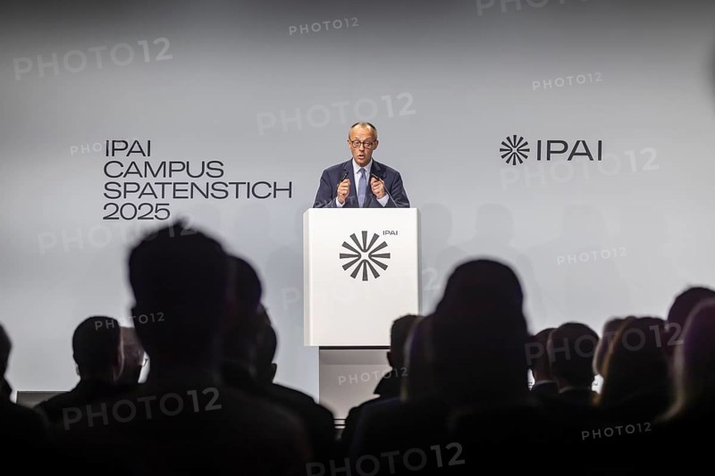 Federal Chancellor Friedrich Merz (CDU) . Portrait at the lectern with free text space. ground-breaking ceremony ceremony for the Artificial Intelligence Innovation Park (IPAI) . Heilbronn, Baden-Württemberg, Germany