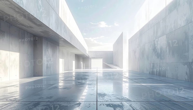 3d illustration of abstract modern architecture background, Minimal geometry architectural design, futuristic car presentation backdrop with empty concrete floor and clear simple lines, white and grey color tones, AI generated