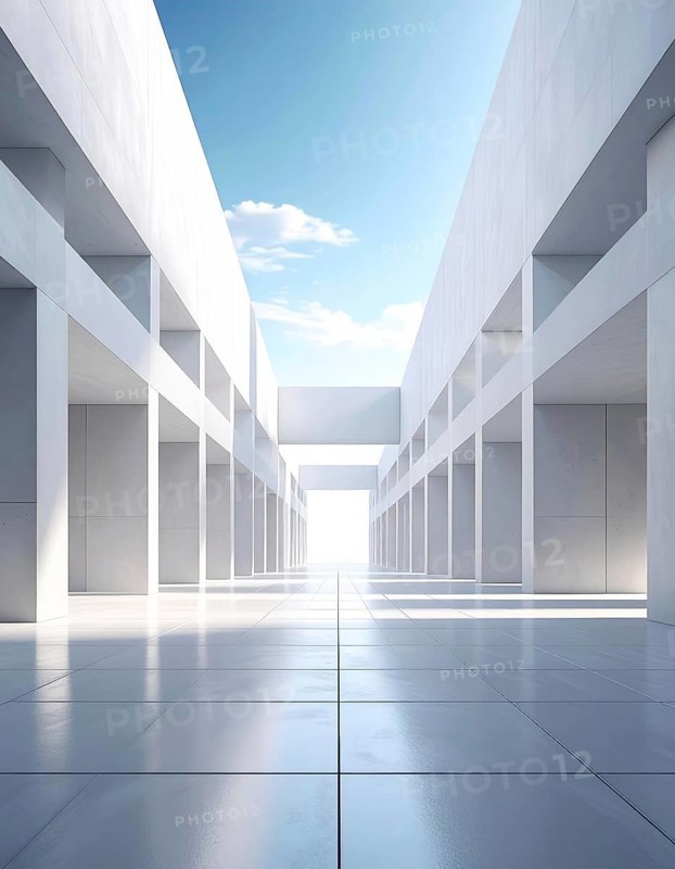 3d illustration of abstract modern architecture background, Minimal geometry architectural design, futuristic car presentation backdrop with empty concrete floor and clear simple lines, white and grey color tones, AI generated