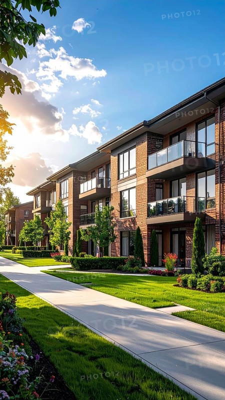 Modern apartment building with balconies and well-kept landscaping at sunset, Modern multifamily housing property with brick, siding facade features balconies, manicured lawns. Contemporary residential buildings offer urban living spaces, condominium options in scenic town, blue sky with a colorful sunrise, AI gererated, AI generated