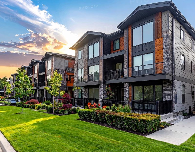 Modern apartment building with balconies and well-kept landscaping at sunset, Modern multifamily housing property with brick, siding facade features balconies, manicured lawns. Contemporary residential buildings offer urban living spaces, condominium options in scenic town, blue sky with a colorful sunrise, AI gererated, AI generated