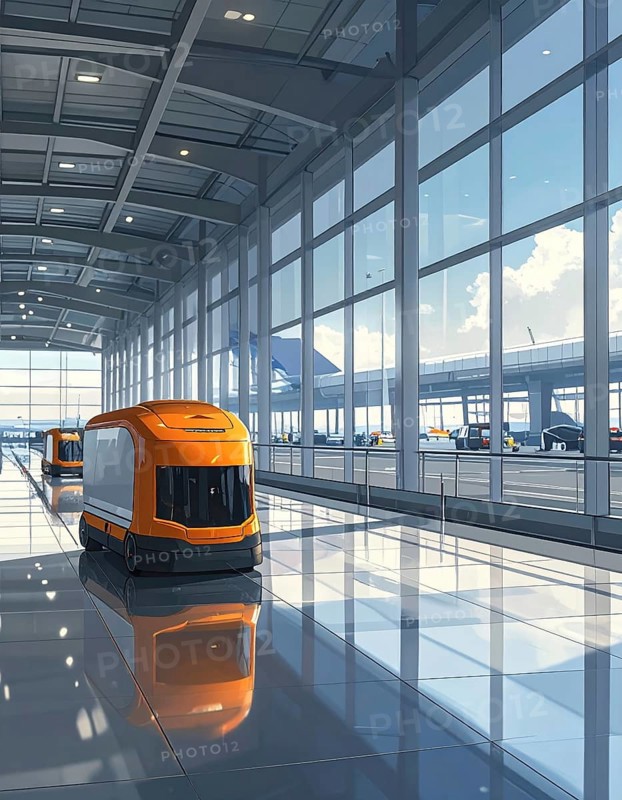 Autonomous cleaning roboter at modern airport terminal, showcasing advanced technology, daylight in the hall, the future of autonomous cleaning industry, AI generated