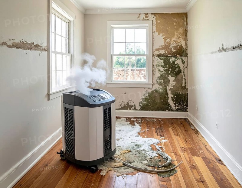 A specialized dehumidifier operates in a mold-infested room following water damage, Shell construction at construction site, AI generated