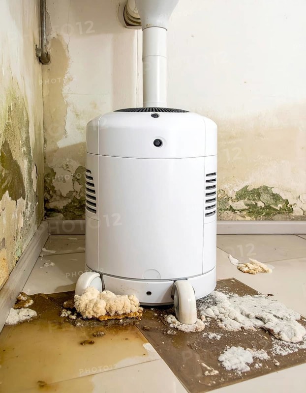 A specialized dehumidifier operates in a mold-infested room following water damage, Shell construction at construction site, AI generated
