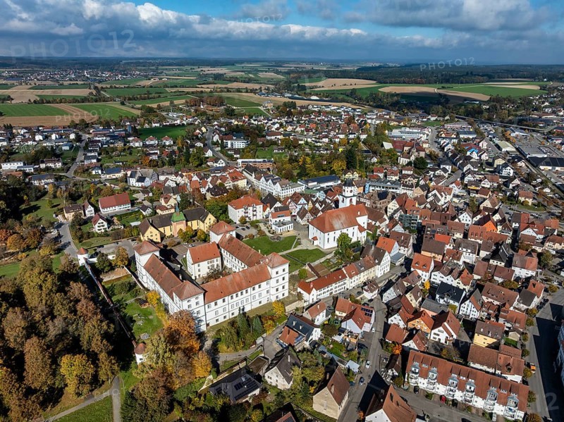 Aerial view of the city of Messkirch with Messkirch Castle and Castle of the Counts of Zimmern, Sigmaringen district, Baden-Württemberg, Germany