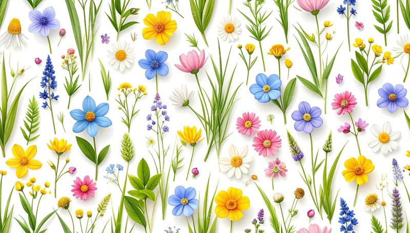 Vibrant wildflowers and grass create a colorful and joyful floral pattern, Variety of wild flowers, spring plant and grass seamless pattern, vibrant realistic vector illustration wallpaper, a spring natural colorful background as template or poster, AI generated