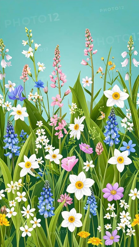Vibrant wildflowers and grass create a colorful and joyful floral pattern, Variety of wild flowers, spring plant and grass seamless pattern, vibrant realistic vector illustration wallpaper, a spring natural colorful background as template or poster, AI generated
