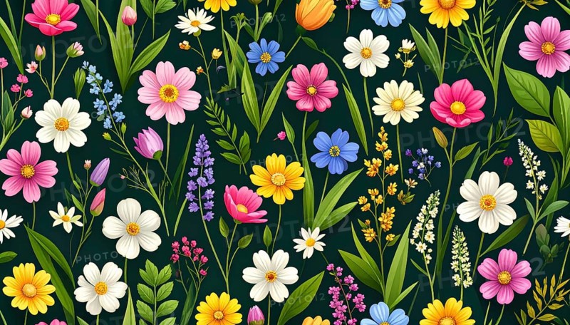 Vibrant wildflowers and grass create a colorful and joyful floral pattern, Variety of wild flowers, spring plant and grass seamless pattern, vibrant realistic vector illustration wallpaper, a spring natural colorful background as template or poster, AI generated
