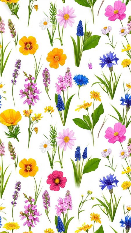 Vibrant wildflowers and grass create a colorful and joyful floral pattern, Variety of wild flowers, spring plant and grass seamless pattern, vibrant realistic vector illustration wallpaper, a spring natural colorful background as template or poster, AI generated