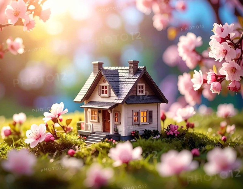 A miniature house surrounded by blooming cherry blossoms and warm sunlight, creating a peaceful and idyllic spring atmosphere, toy house on blossom cherry flowers, spring natural background. concept of mortgage, construction, rental, family and property, AI generated