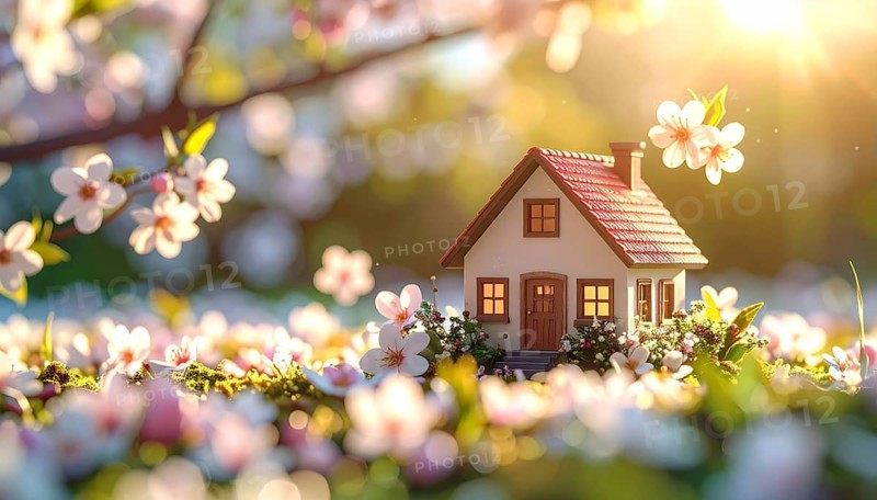 A miniature house surrounded by blooming cherry blossoms and warm sunlight, creating a peaceful and idyllic spring atmosphere, toy house on blossom cherry flowers, spring natural background. concept of mortgage, construction, rental, family and property, AI generated