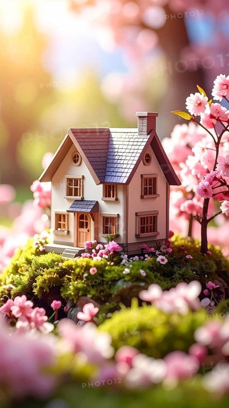 A miniature house surrounded by blooming cherry blossoms and warm sunlight, creating a peaceful and idyllic spring atmosphere, toy house on blossom cherry flowers, spring natural background. concept of mortgage, construction, rental, family and property, AI generated