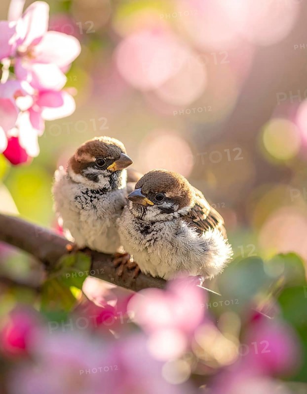 Small funny Sparrow Chicks sit in the garden surrounded by pink Apple blossoms on a Sunny may day, AI generated