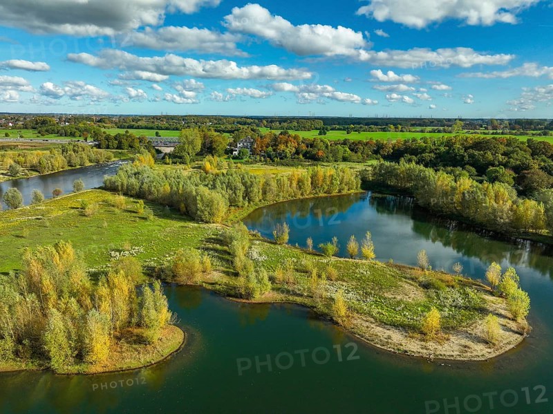 Wesel, Lower Rhine, North Rhine-Westphalia, Germany - autumn on the Lippe, trees with colorful autumn leaves in the restored river floodplain area of Büdericher Insel above the mouth of the Lippe into the Rhine, Lippe estuary nature reserve