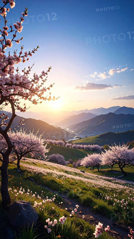 Landscape with a blooming apricot tree, idilyc spring nature, green grass and mountains in background, blue cloudy sky in sunset web banner spring time concept, AI generated