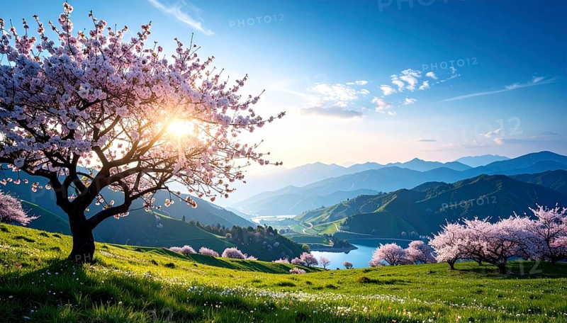Landscape with a blooming apricot tree, idilyc spring nature, green grass and mountains in background, blue cloudy sky in sunset web banner spring time concept, AI generated